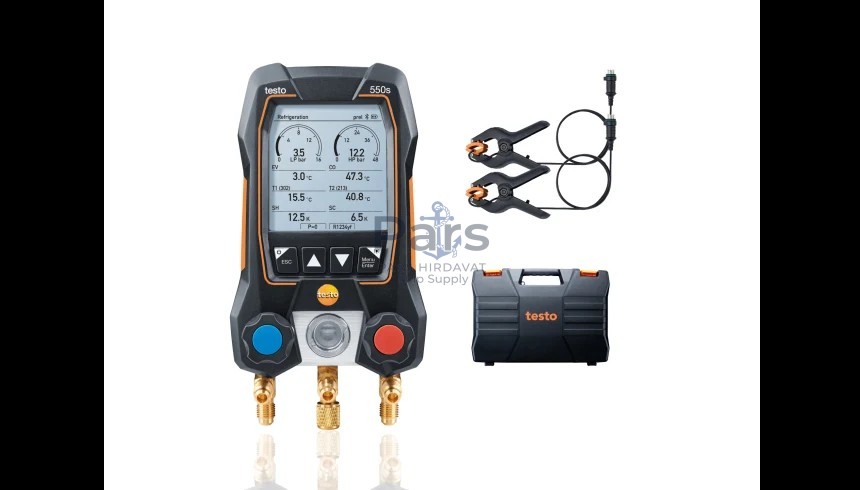 5501 testo 550s Temel set - Sabit kablo kelepçeli sıcaklık problarına sahip akıllı dijital manifold Büyük grafik ekran