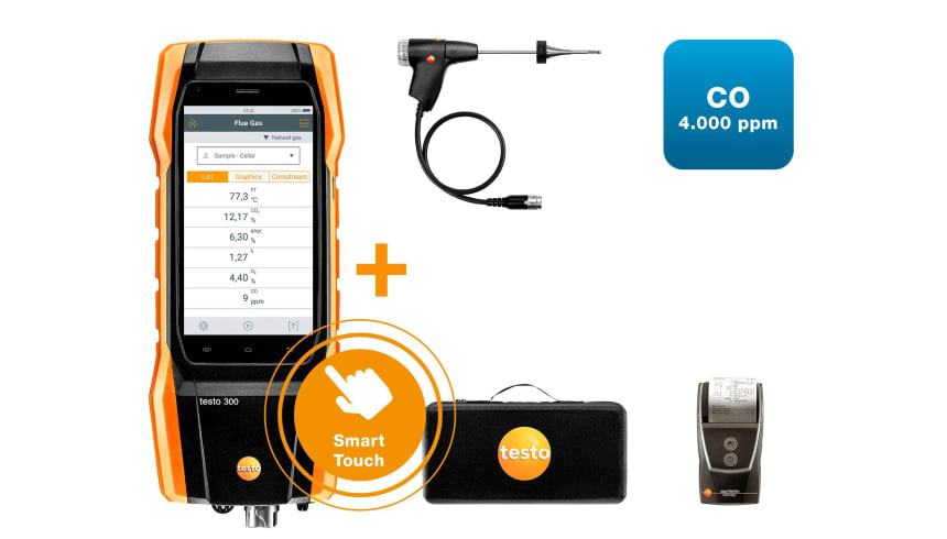 3002 71 testo 300 İLERİ SEVİYE set 2, yazıcılı - Baca gazı analiz cihazı (O2, CO 4.000 ppm'e kadar) Hızlı ve kullanımı