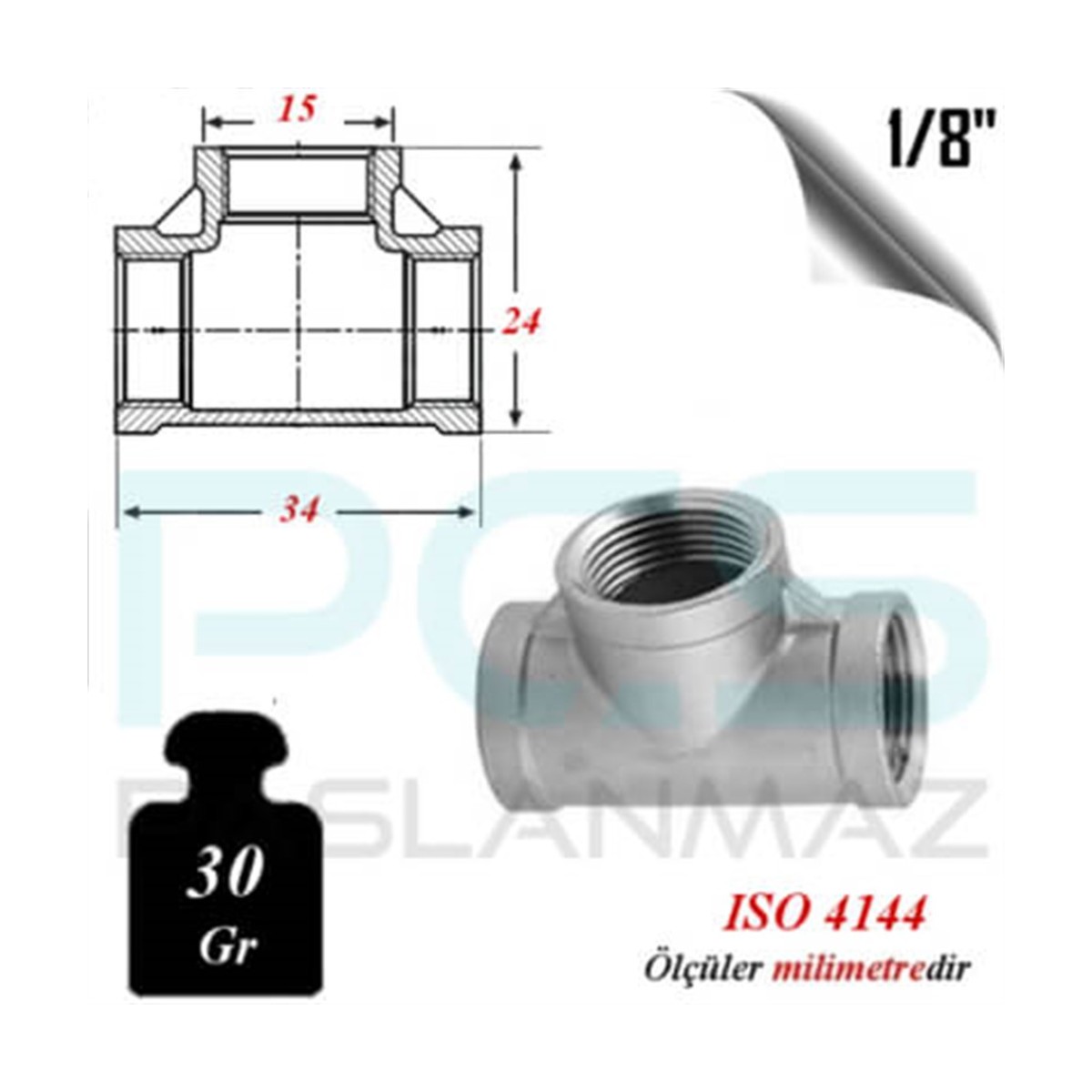 Paslanmaz Çelik 304 Kalite Dişli Tee