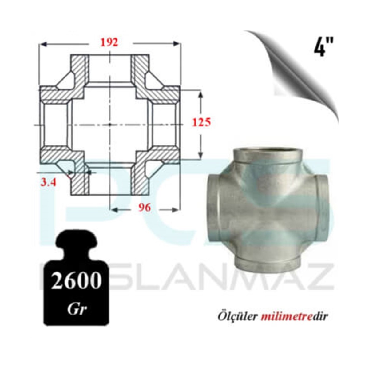 Paslanmaz Çelik 304 Kalite Dişli Kruva Istavroz Tee