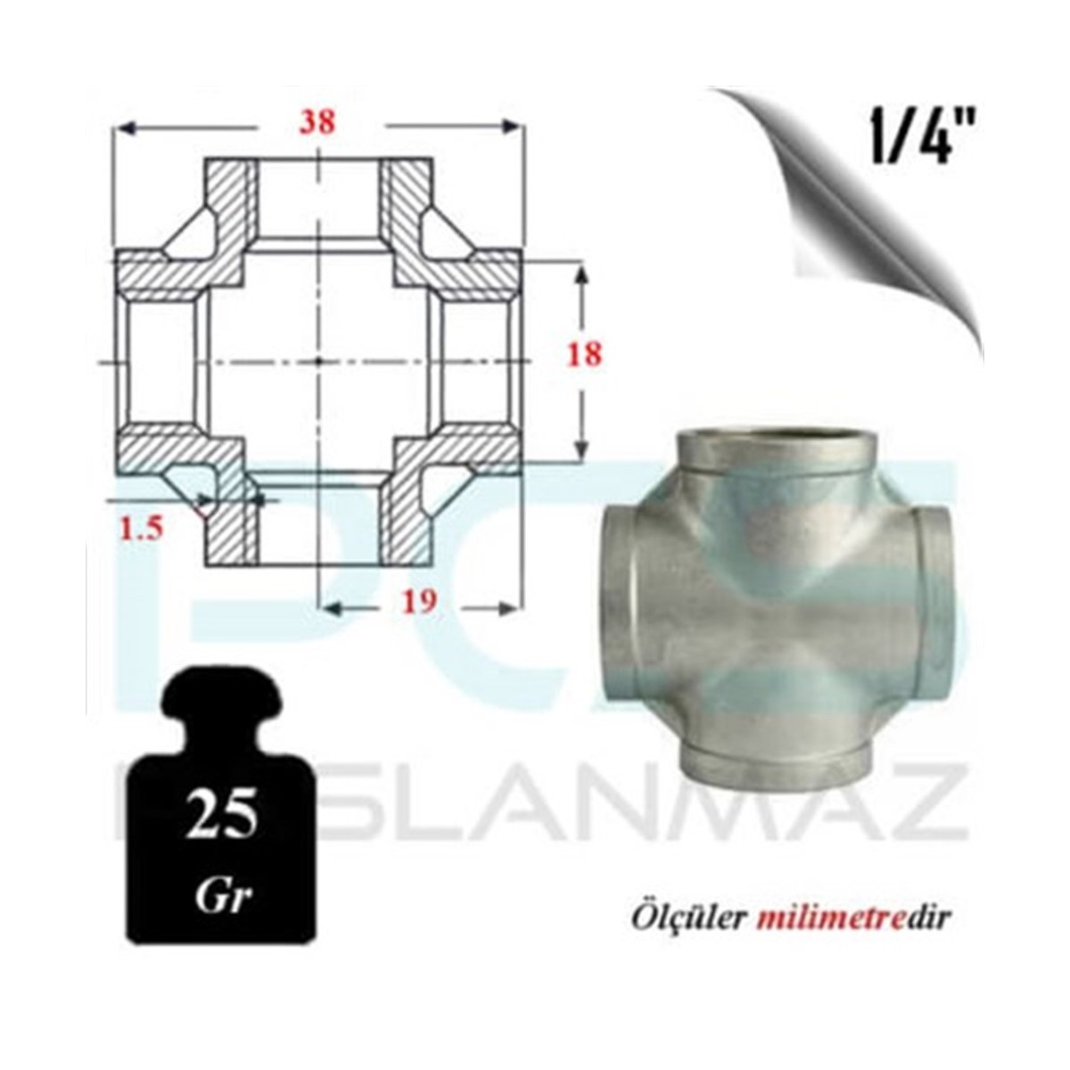 Paslanmaz Çelik 316 Kalite Dişli Kruva Istavroz Tee