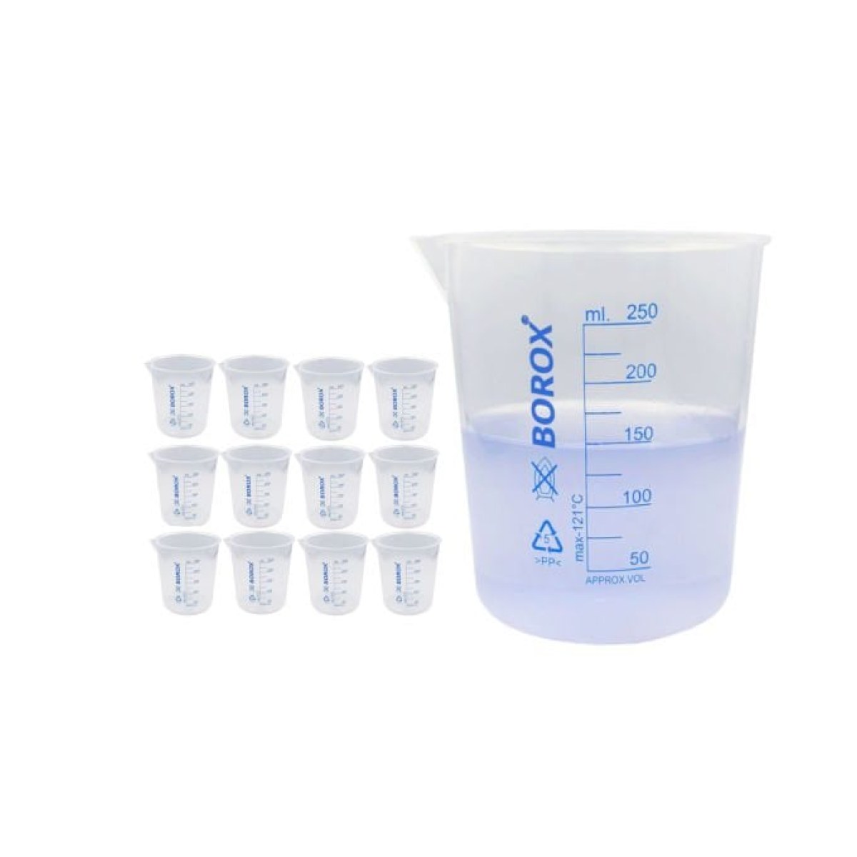 Borox Plastik Beher 250 ml - Ölçü Kabı - Mavi Skala - 12 Adet/Toptan