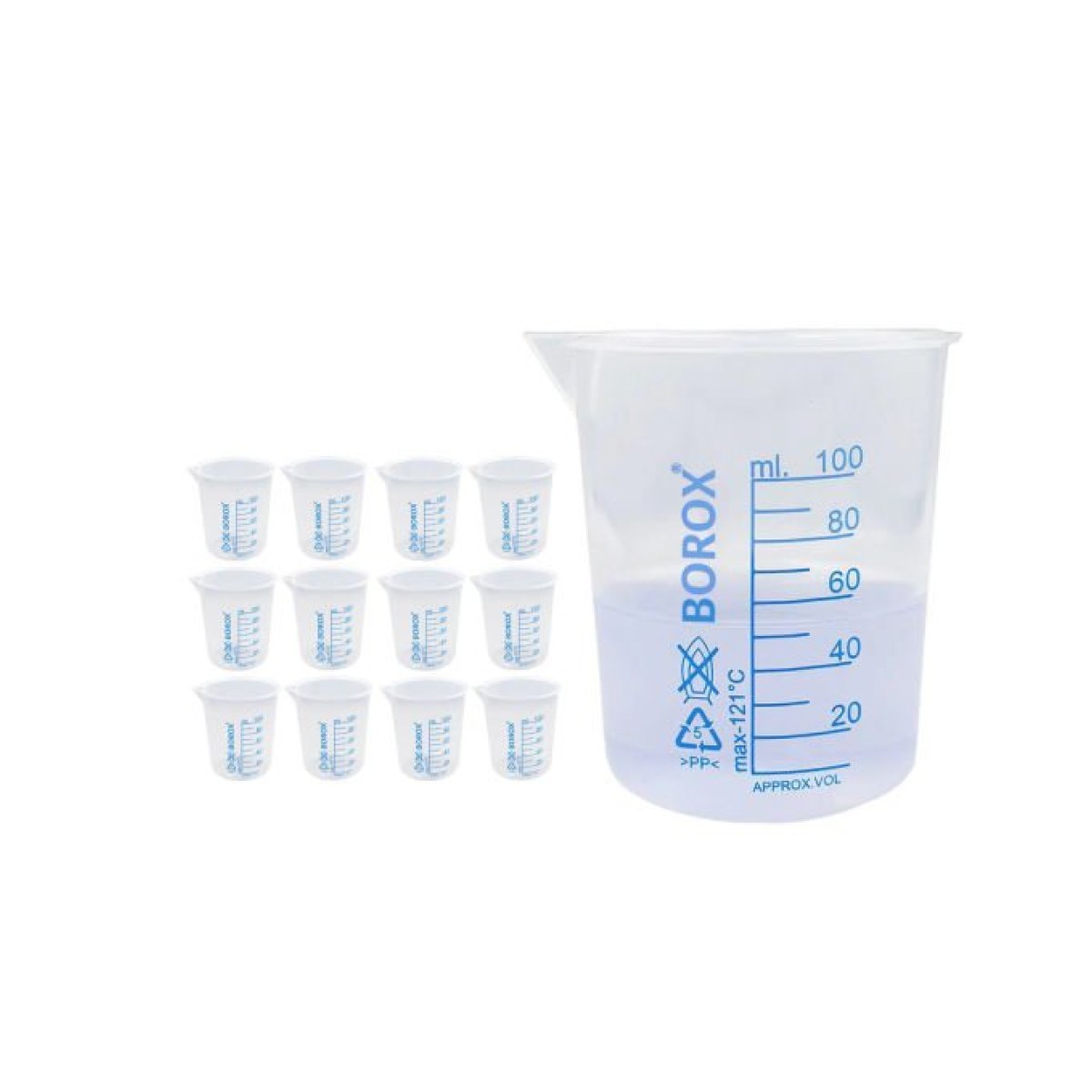 Borox Plastik Beher 100 ml - Ölçü Kabı - Mavi Skala - 12 Adet/Toptan