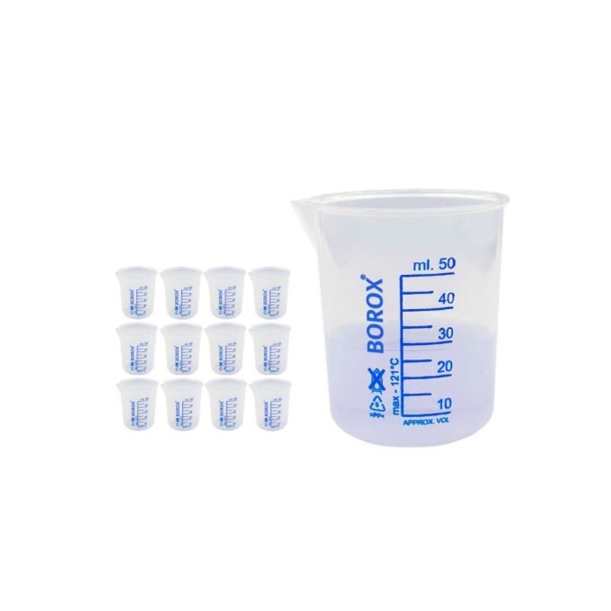 Borox Plastik Beher 50 ml - Ölçü Kabı - Mavi Skala - 12 Adet/Toptan