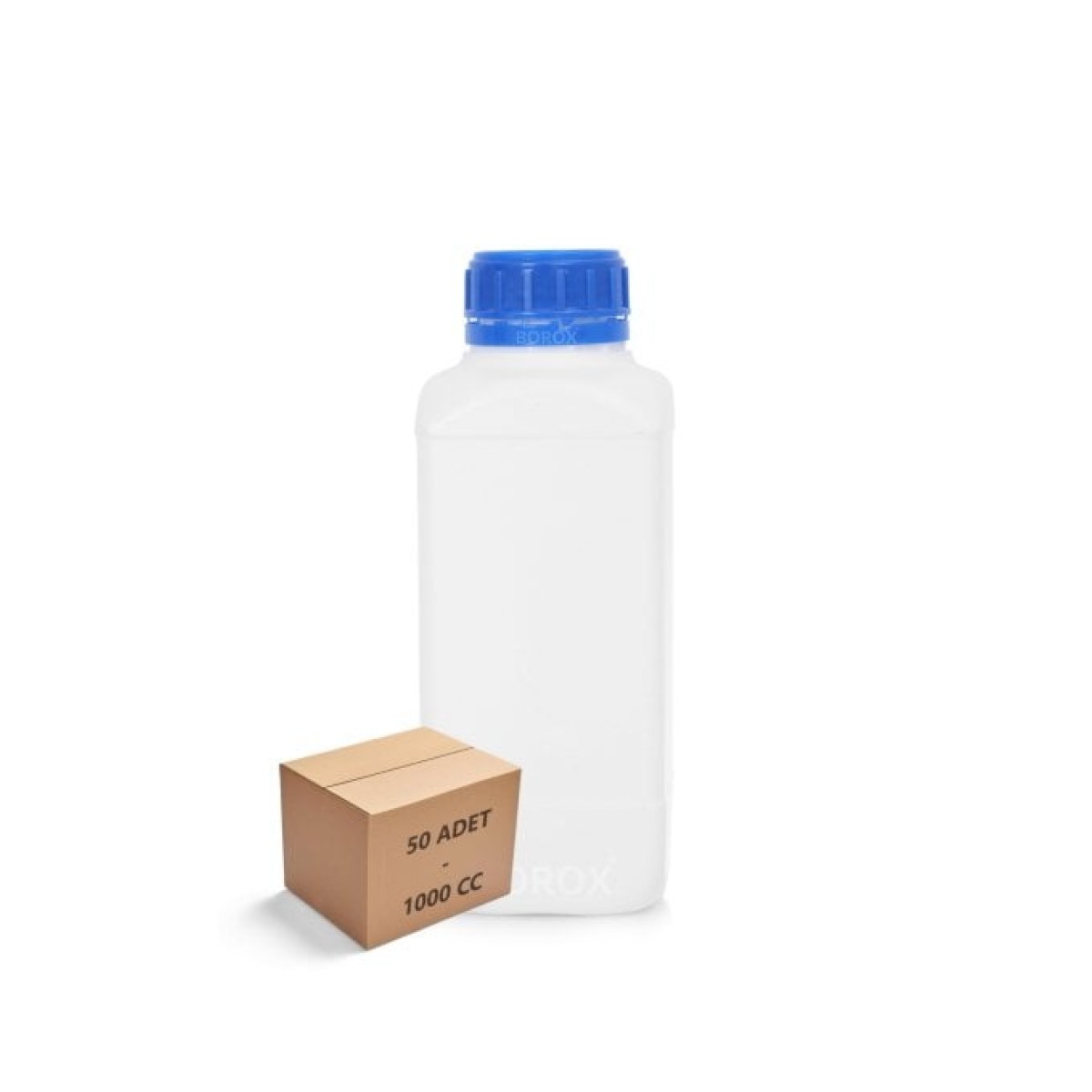 Borox Plastik Kare Şişe 1000 ml - Mavi Kapaklı Şişe 50 Adet