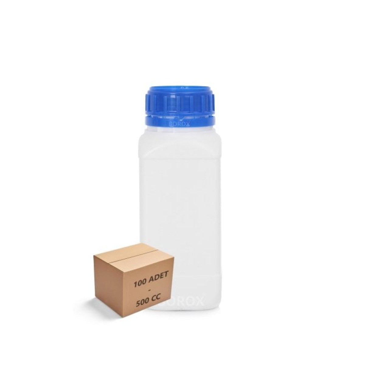 Borox Plastik Kare Şişe 500 ml - Mavi Kapaklı Şişe 100 Adet