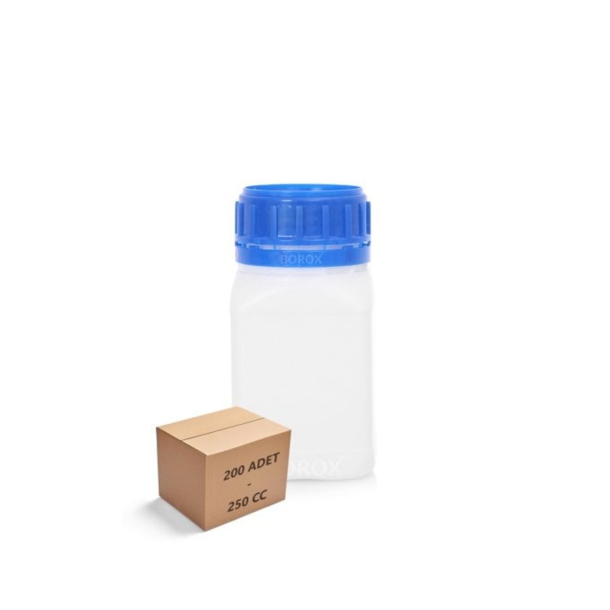 Borox Plastik Kare Şişe 250 ml - Mavi Kapaklı Şişe 200 Adet