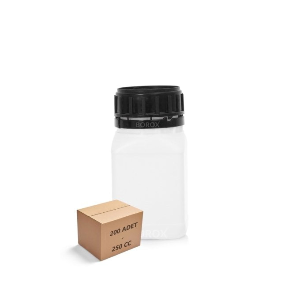 Borox Plastik Kare Şişe 250 ml - Siyah Kapaklı Şişe 200 Adet