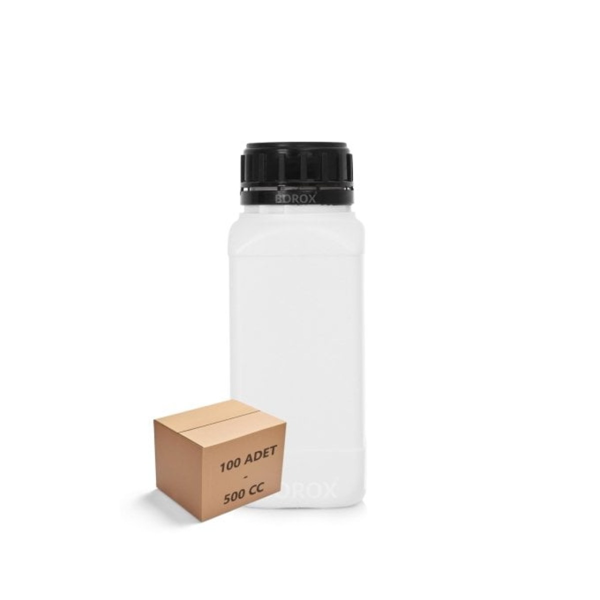 Borox Plastik Kare Şişe 500 ml - Siyah Kapaklı Şişe 100 Adet