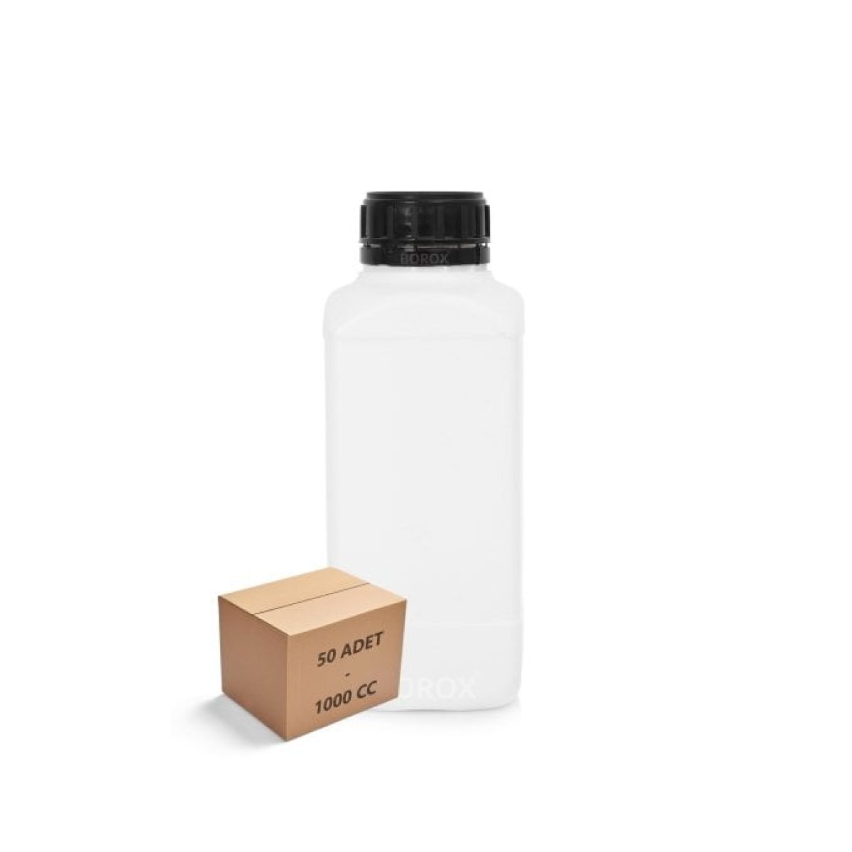 Borox Plastik Kare Şişe 1000 ml - Black Kapaklı Şişe 50 pcs