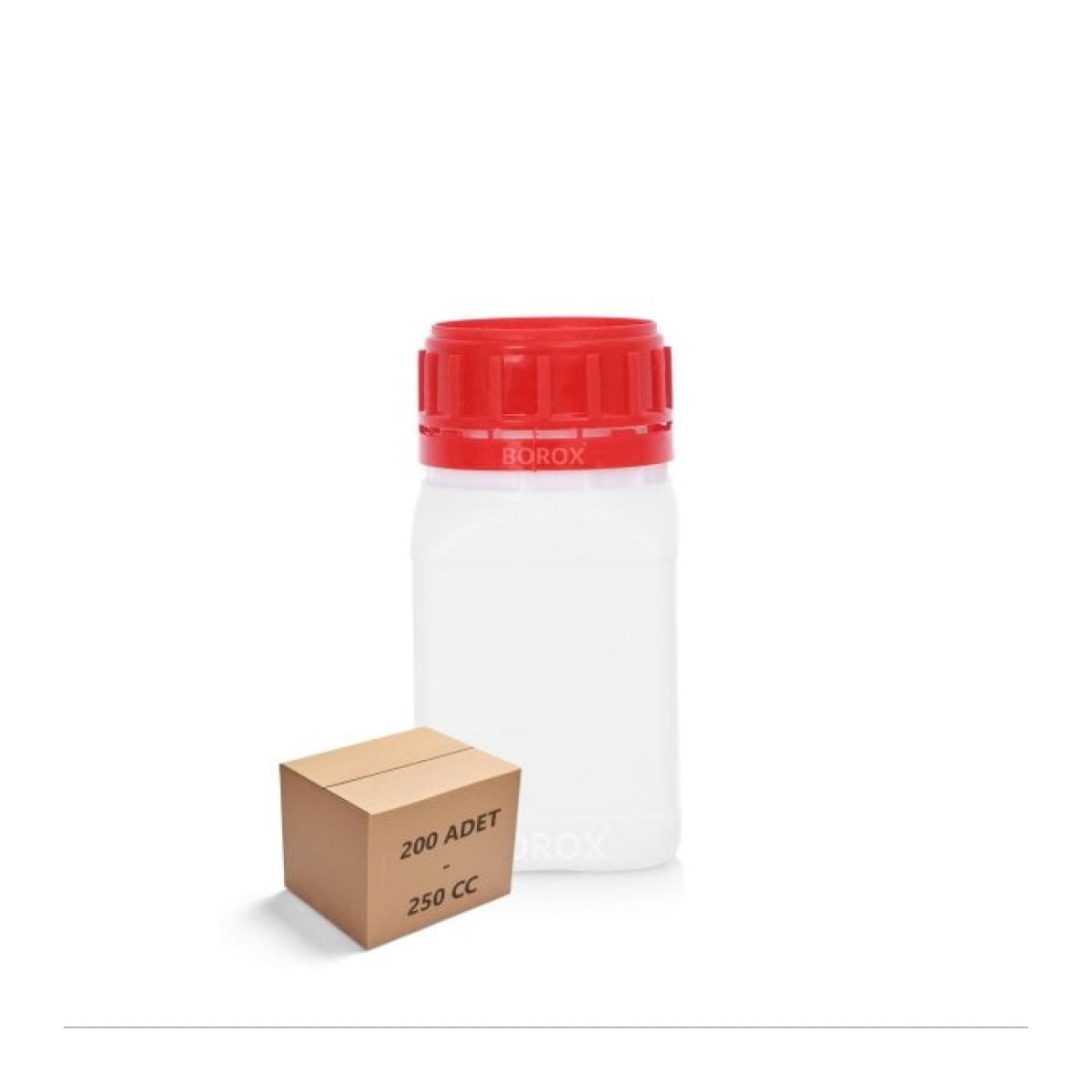 Borox Plastik Kare Şişe 250ml - Kırmızı Kapaklı Şişe 200Adet