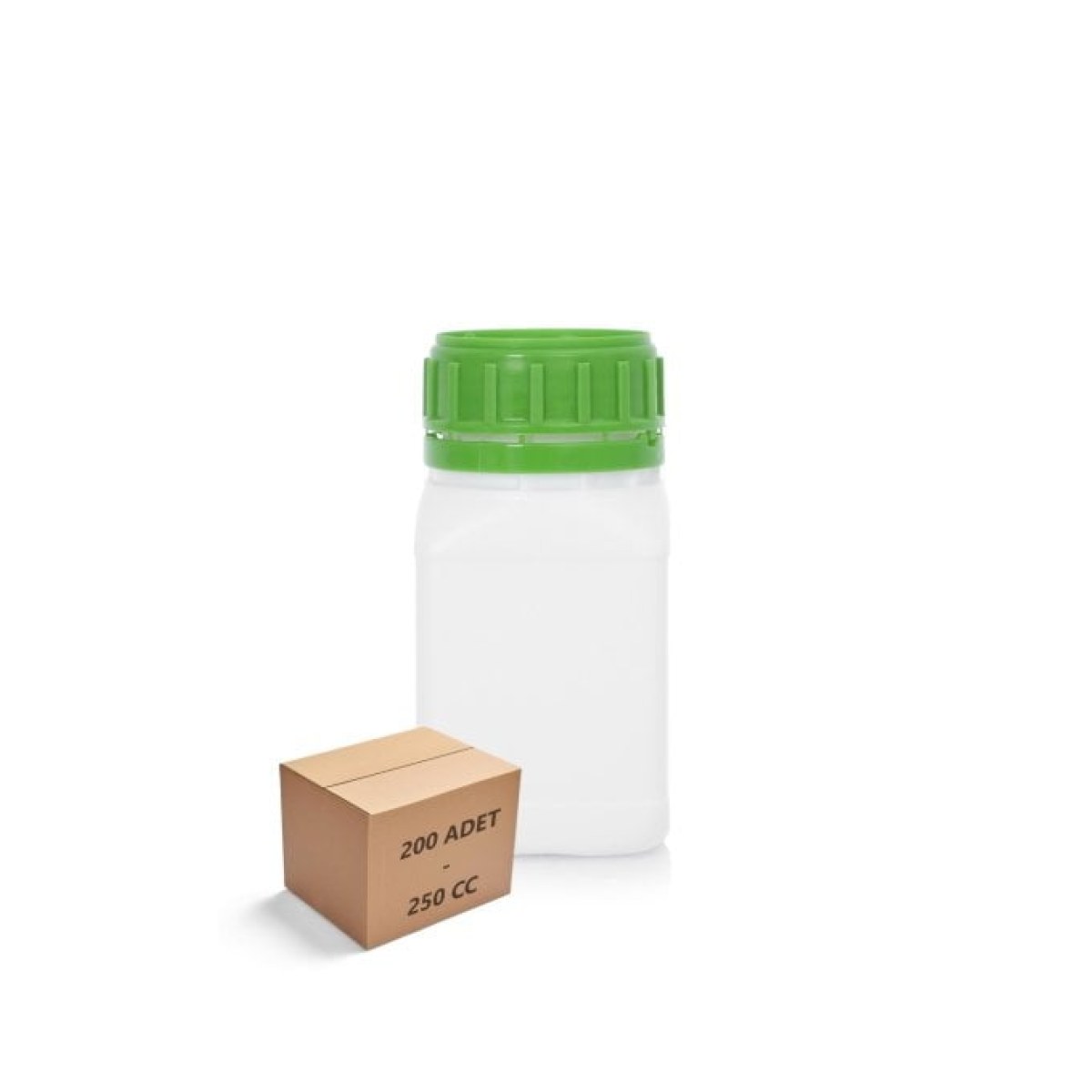 Borox Plastik Kare Şişe 250 ml - Yeşil Kapaklı Şişe 200 Adet