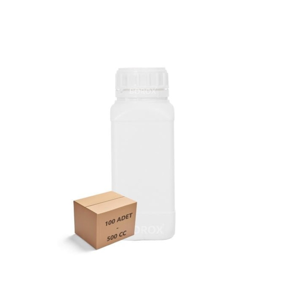 Borox Plastik Kare Şişe 500 ml - Beyaz Kapaklı Şişe 100 Adet