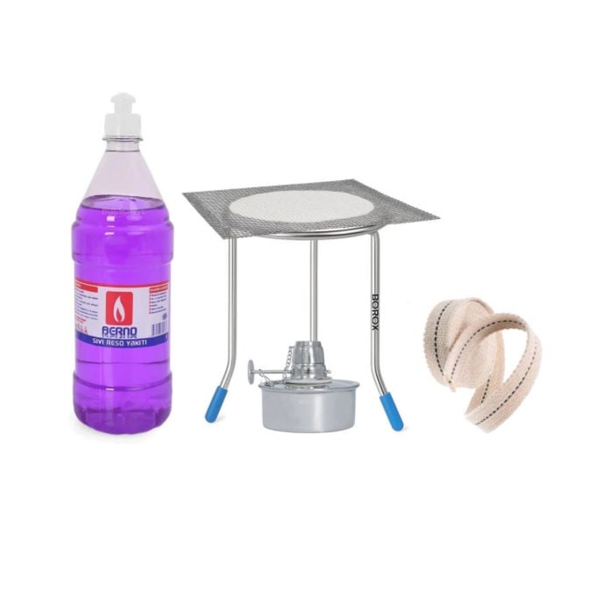 Borox Stainless Steel Sac Ayak + Amyant Tel 14x14cm - Stainless Steel Alkol Lambası + Fitil 10 metre + 1 L İspirto Set