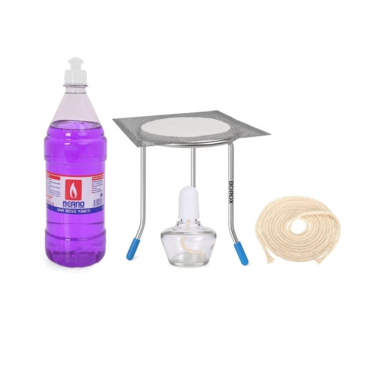 Borox Paslanmaz Çelik Sac Ayak + Amyant Tel 14x14cm - Alkol Lambası + Fitil 1metre + 1 L İspirto Set