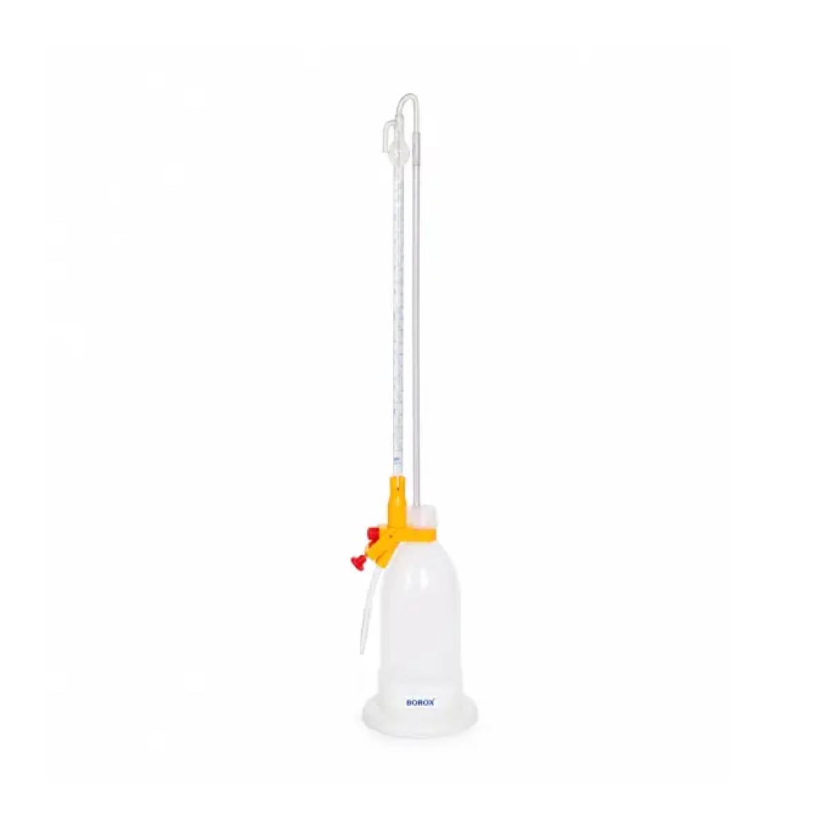 Borox Şilling Büret 25ml - Şelbah Çizgili - Otomatik Cam Büret Şeffaf - Class AS Sertifikalı - Mavi Skala - Burette Schilling with Schellbach Stripe