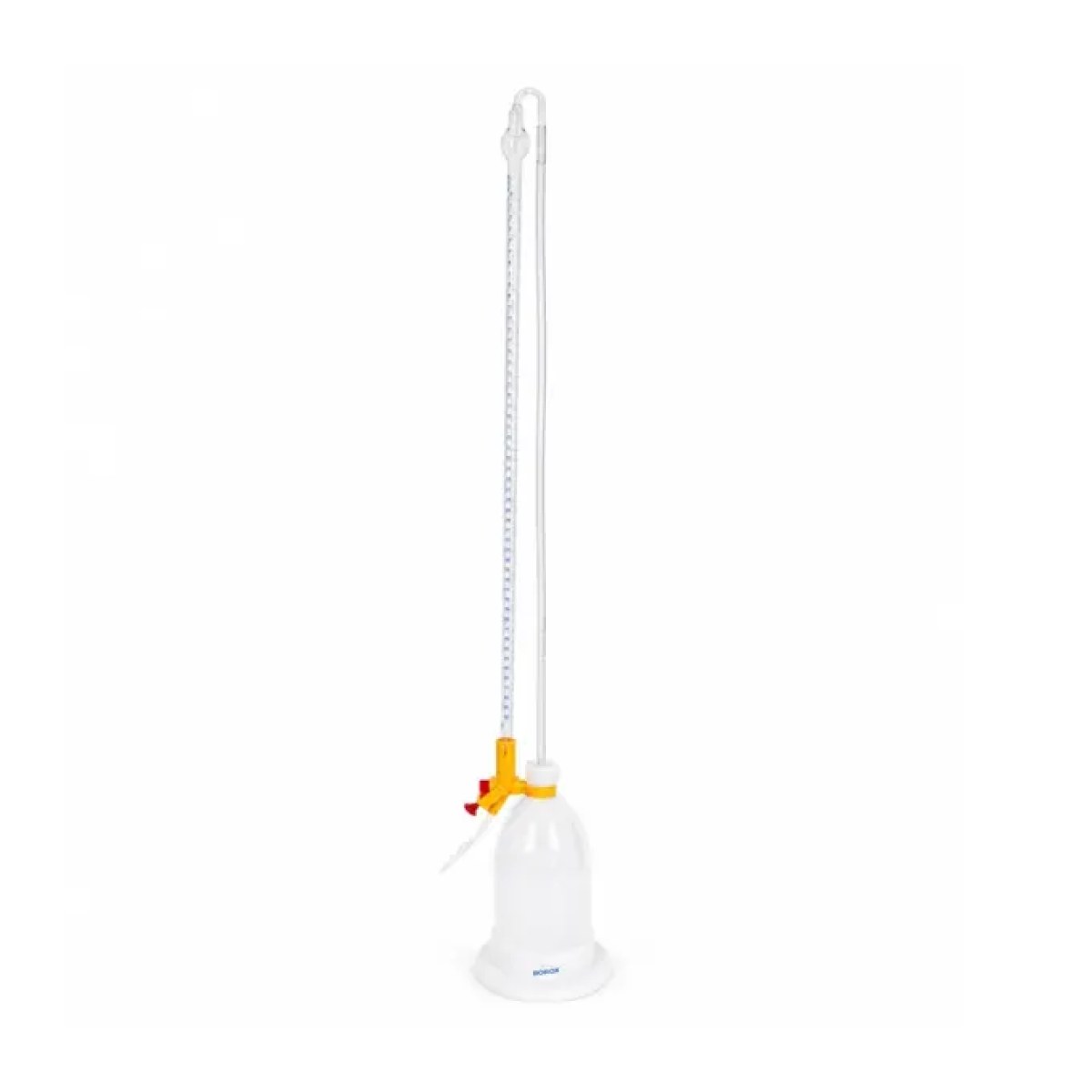 Borox Şilling Büret 50ml - Şelbah Çizgili - Otomatik Cam Büret Şeffaf - Class AS Sertifikalı - Blue Skala - Burette Schilling with Schellbach Stripe