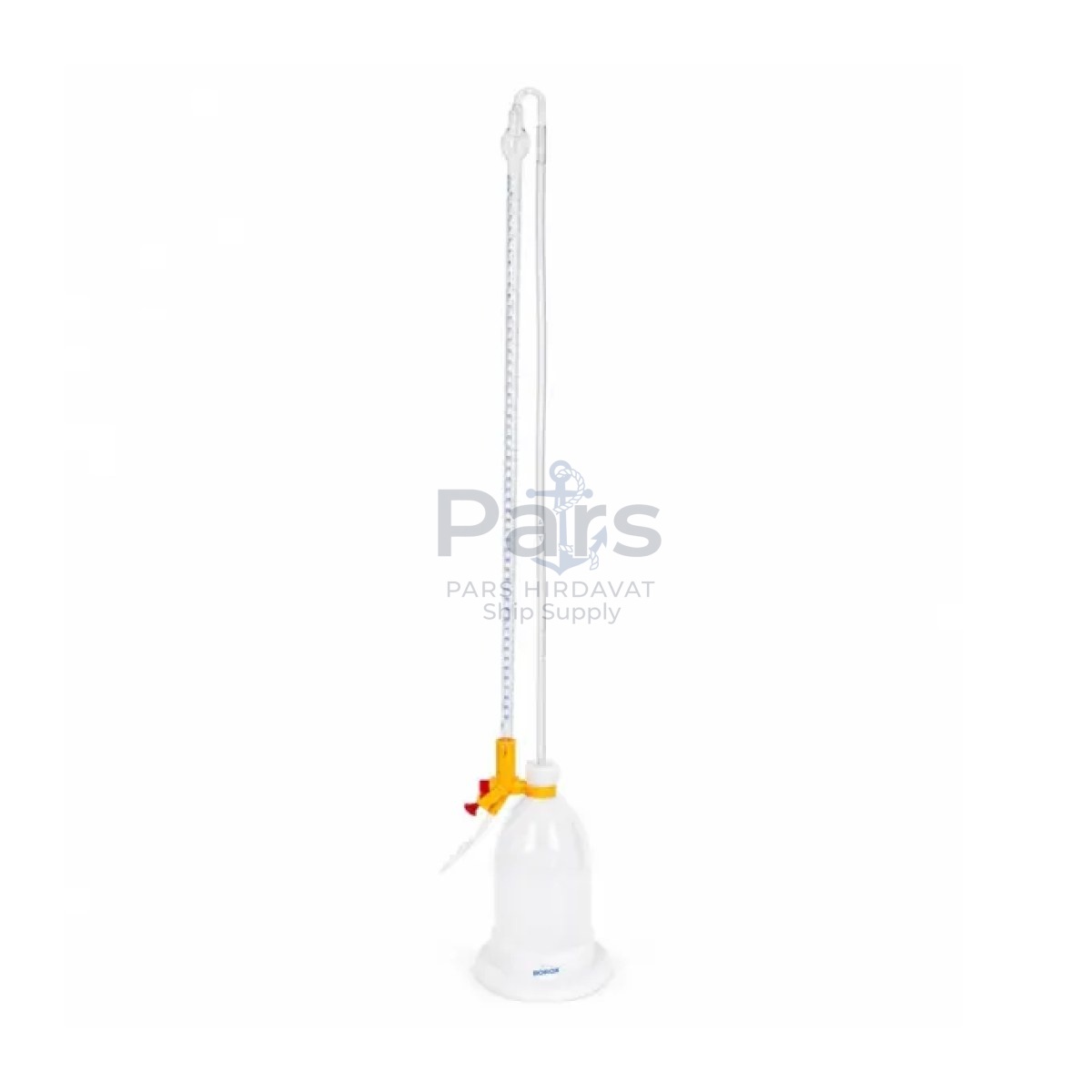 Borox Şilling Büret 50ml - Şelbah Çizgili - Otomatik Cam Büret Şeffaf - Class AS Sertifikalı - Blue Skala - Burette Schilling with Schellbach Stripe