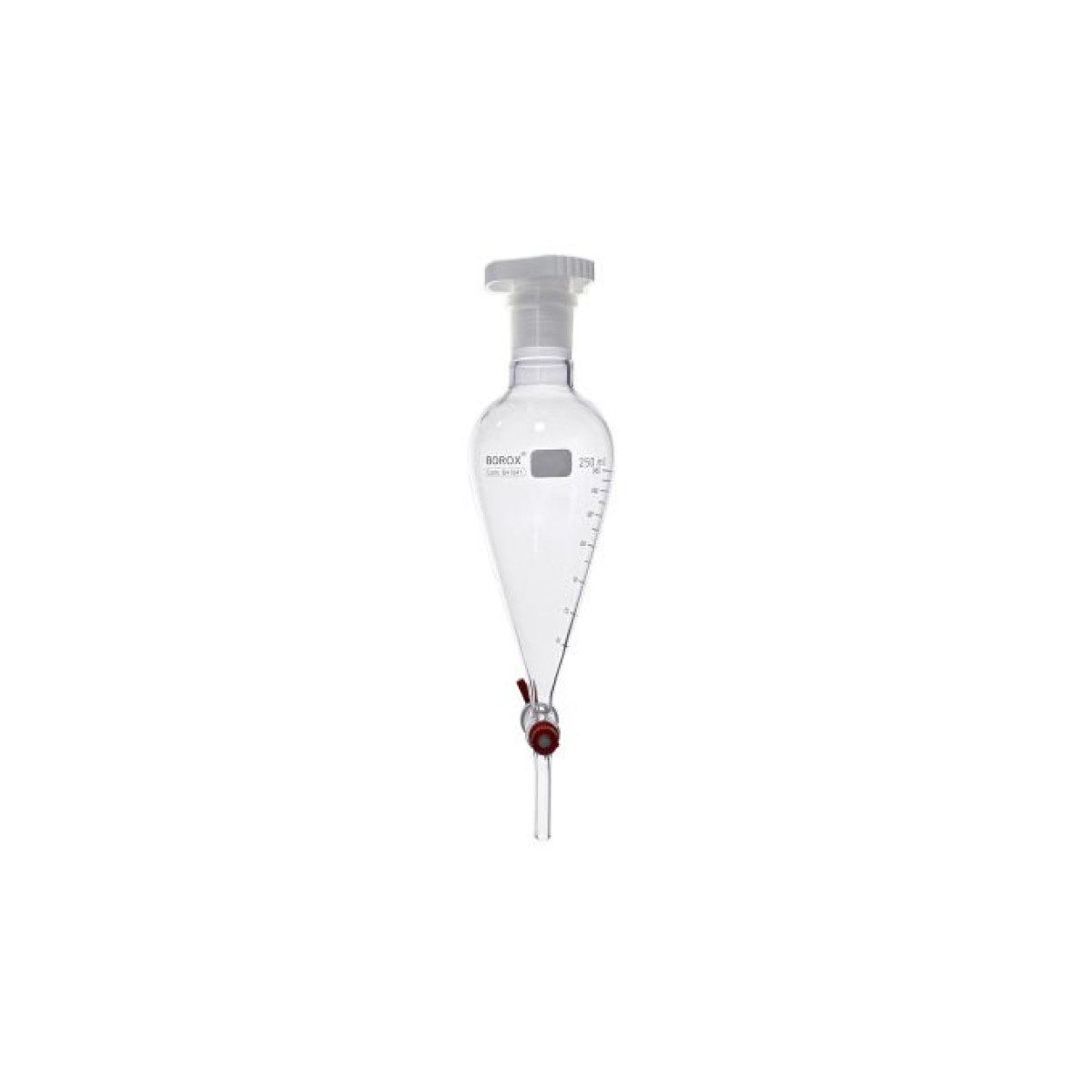 Borox Cam Ayırma Hunisi 250 ml - Konik Tip - Teflon Musluklu Tıpalı - Hacim Ölçekli