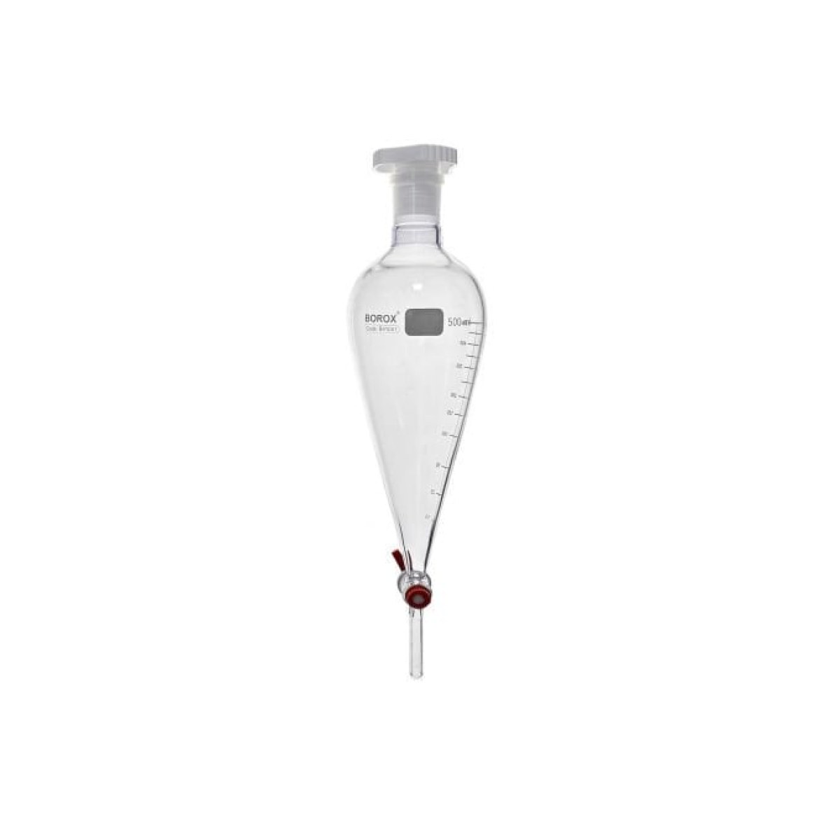 Borox Cam Ayırma Hunisi 500 ml - Konik Tip - Teflon Musluklu Tıpalı - Hacim Ölçekli