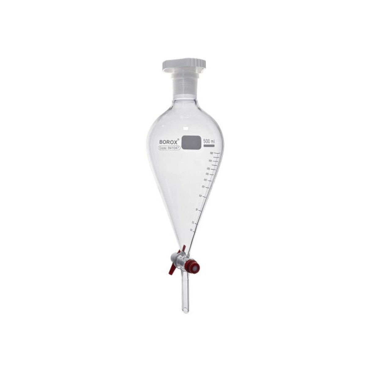 Borox Cam Ayırma Hunisi 500 ml - Armudi Tip - Teflon Musluklu Tıpalı - Hacim Ölçekli