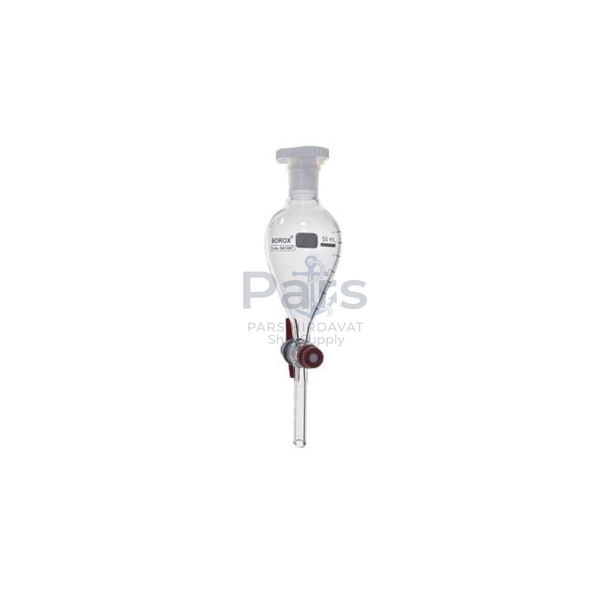 Borox Cam Ayırma Hunisi 50 ml - Armudi Tip - Teflon Musluklu Tıpalı - Hacim Ölçekli