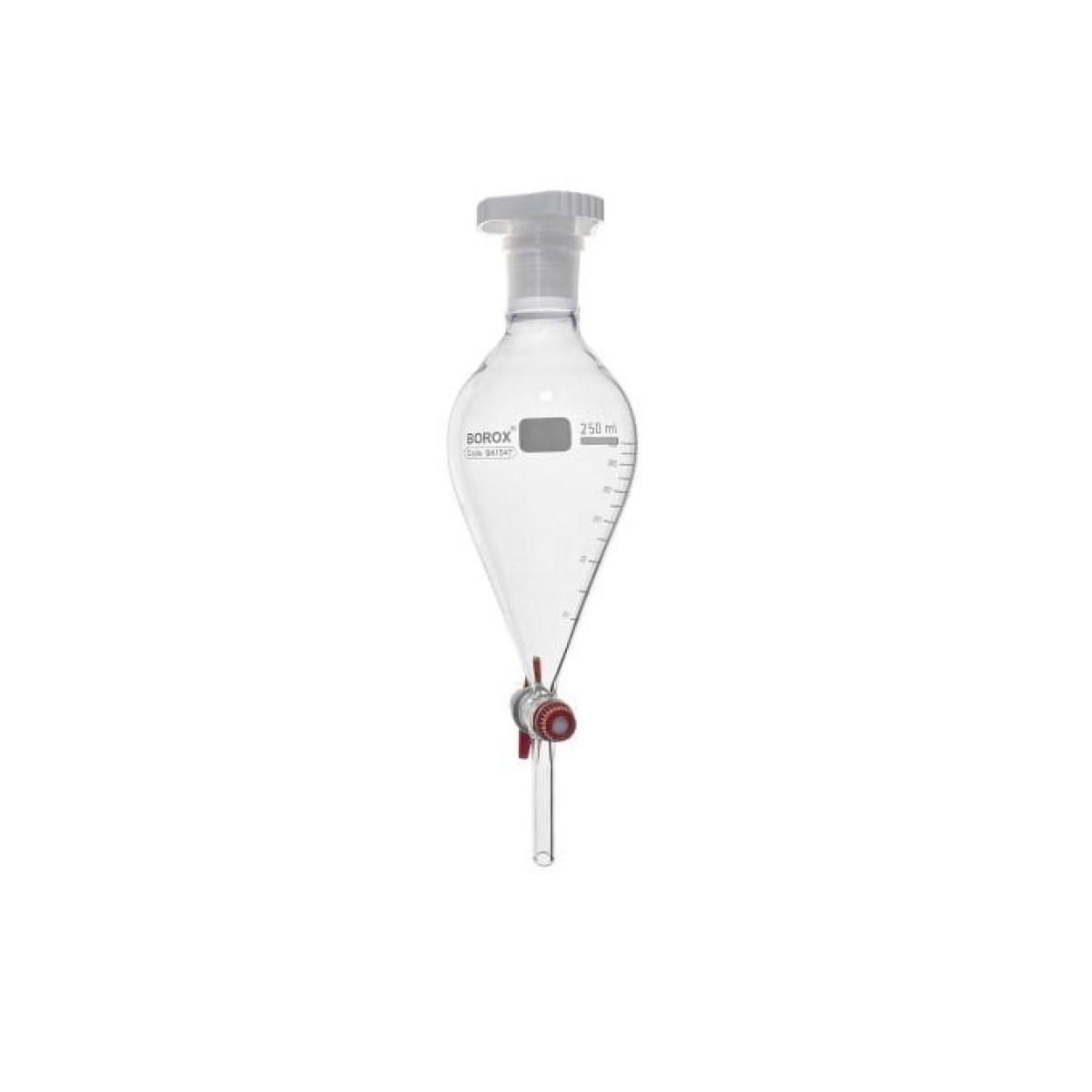 Borox Cam Ayırma Hunisi 250 ml - Armudi Tip - Teflon Musluklu Tıpalı - Hacim Ölçekli