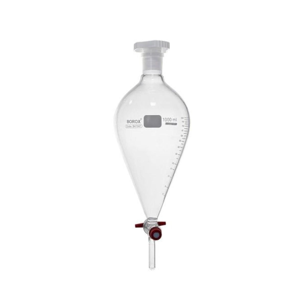 Borox Cam Ayırma Hunisi 1000 ml - Armudi Tip - Teflon Musluklu Tıpalı - Hacim Ölçekli