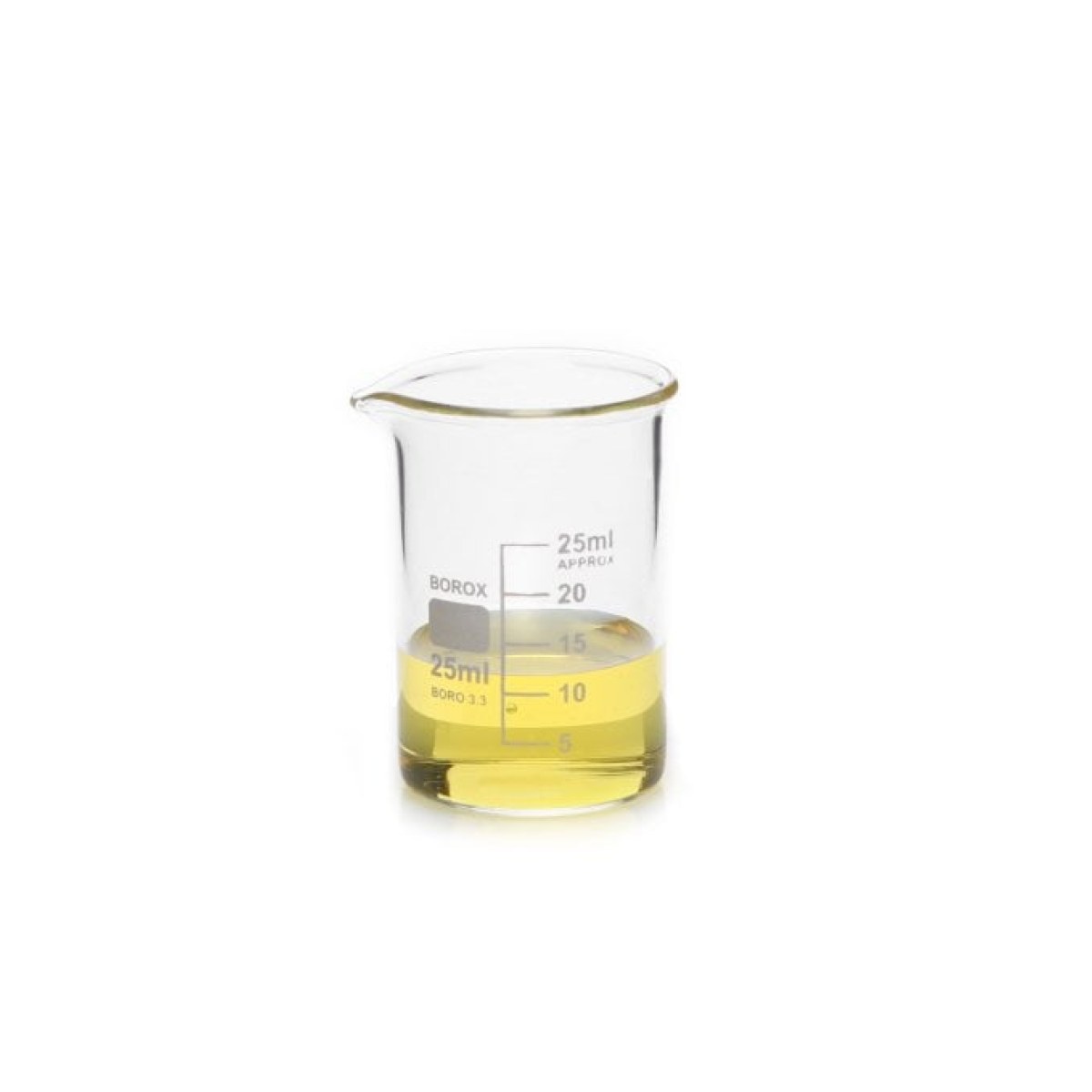 Borox Cam Beher 25 ml - Kısa Form Isıya Dayanıklı Beaker
