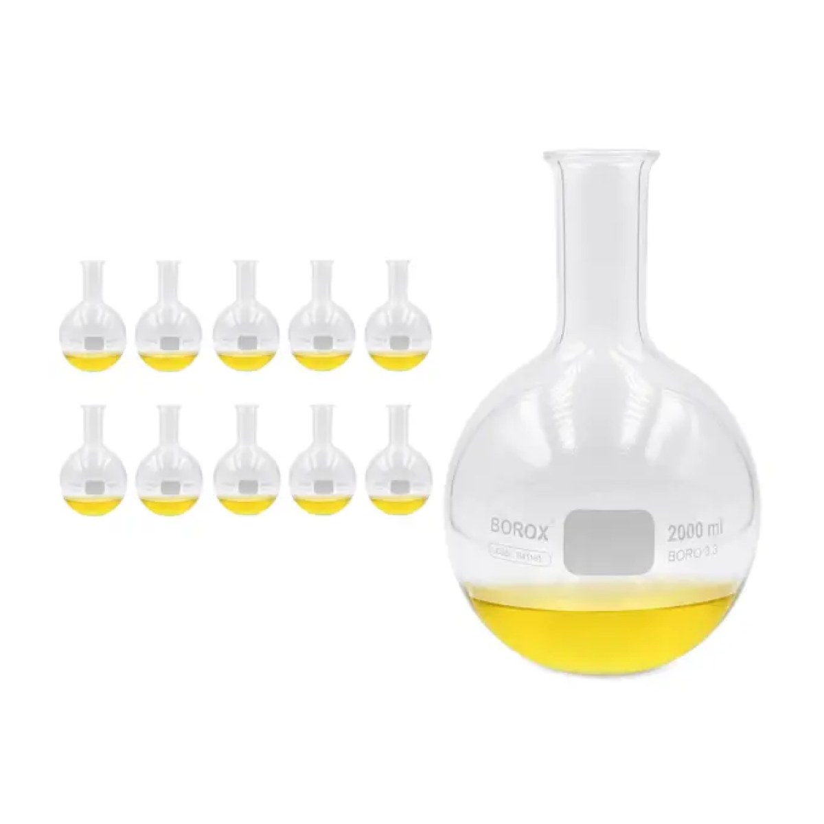 Borox Cam Balon 2000 ml - Dibi Düz - Şilifsiz Deney Balonu - 10 Adet Toptan