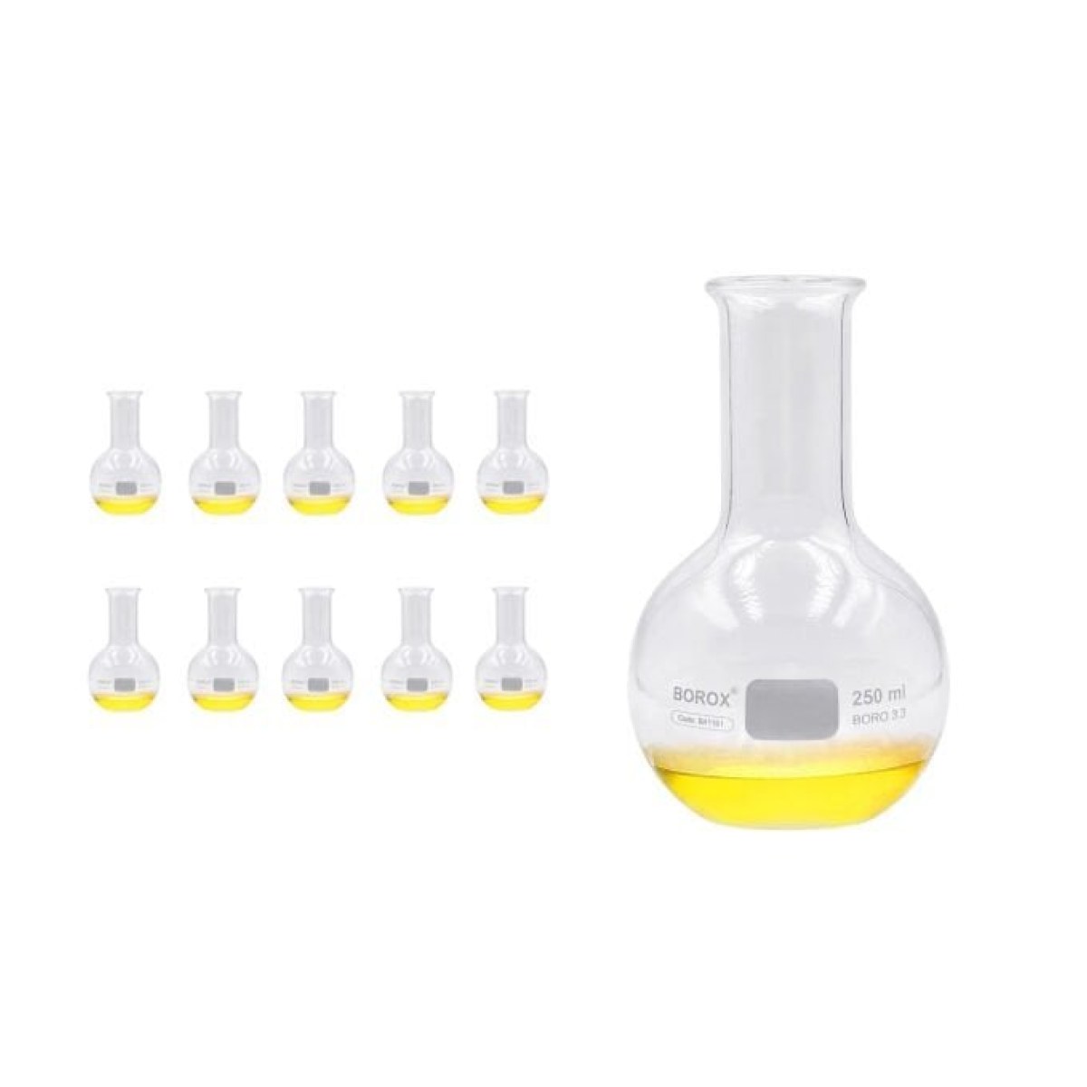 Borox Cam Balon 250 ml - Dibi Düz - Şilifsiz Deney Balonu - 10 Adet Toptan