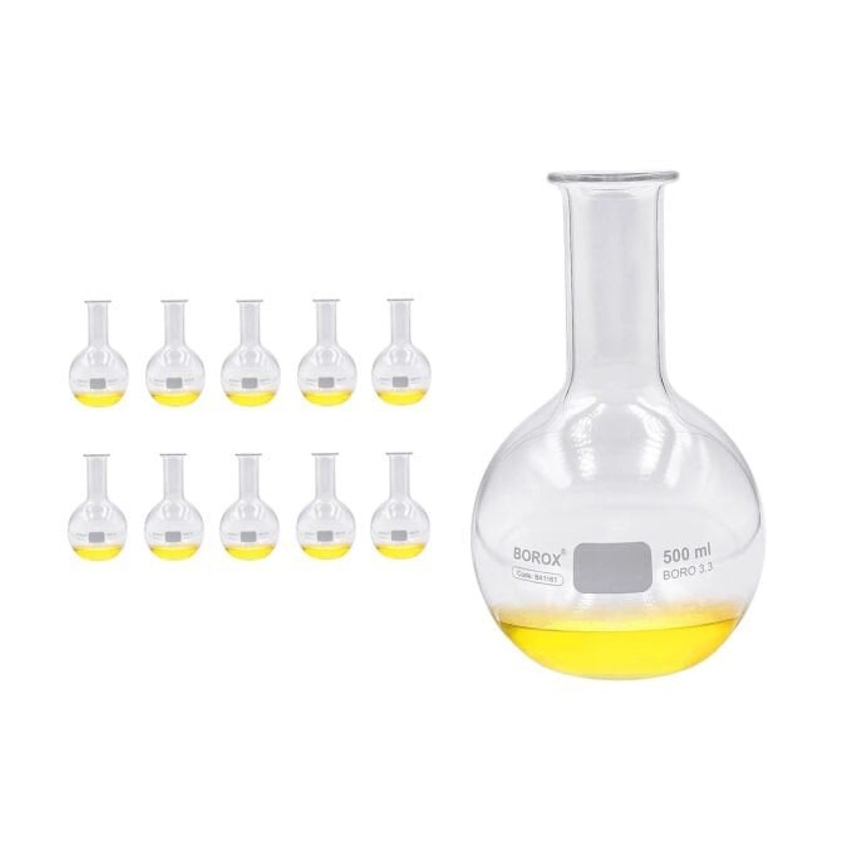 Borox Cam Balon 500 ml - Dibi Düz - Şilifsiz Deney Balonu - 10 Adet Toptan