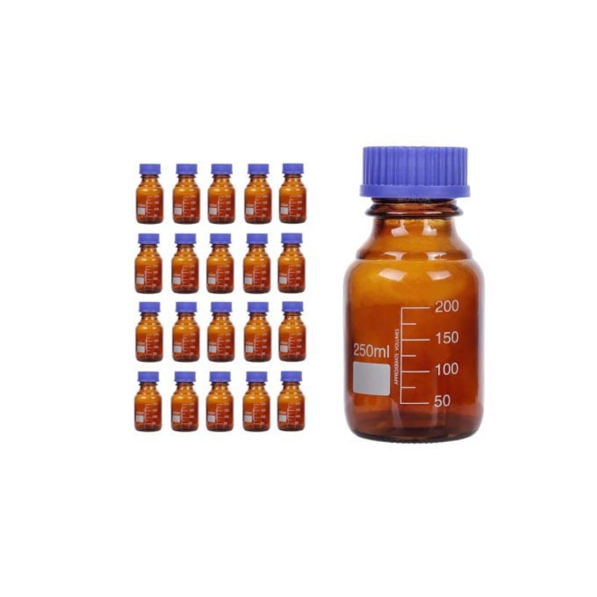 Borox Amber Cam Şişe 250 ml - Vida Kapaklı Boş Numune Şişesi - Otoklav Şişe - 20 Adet Toptan