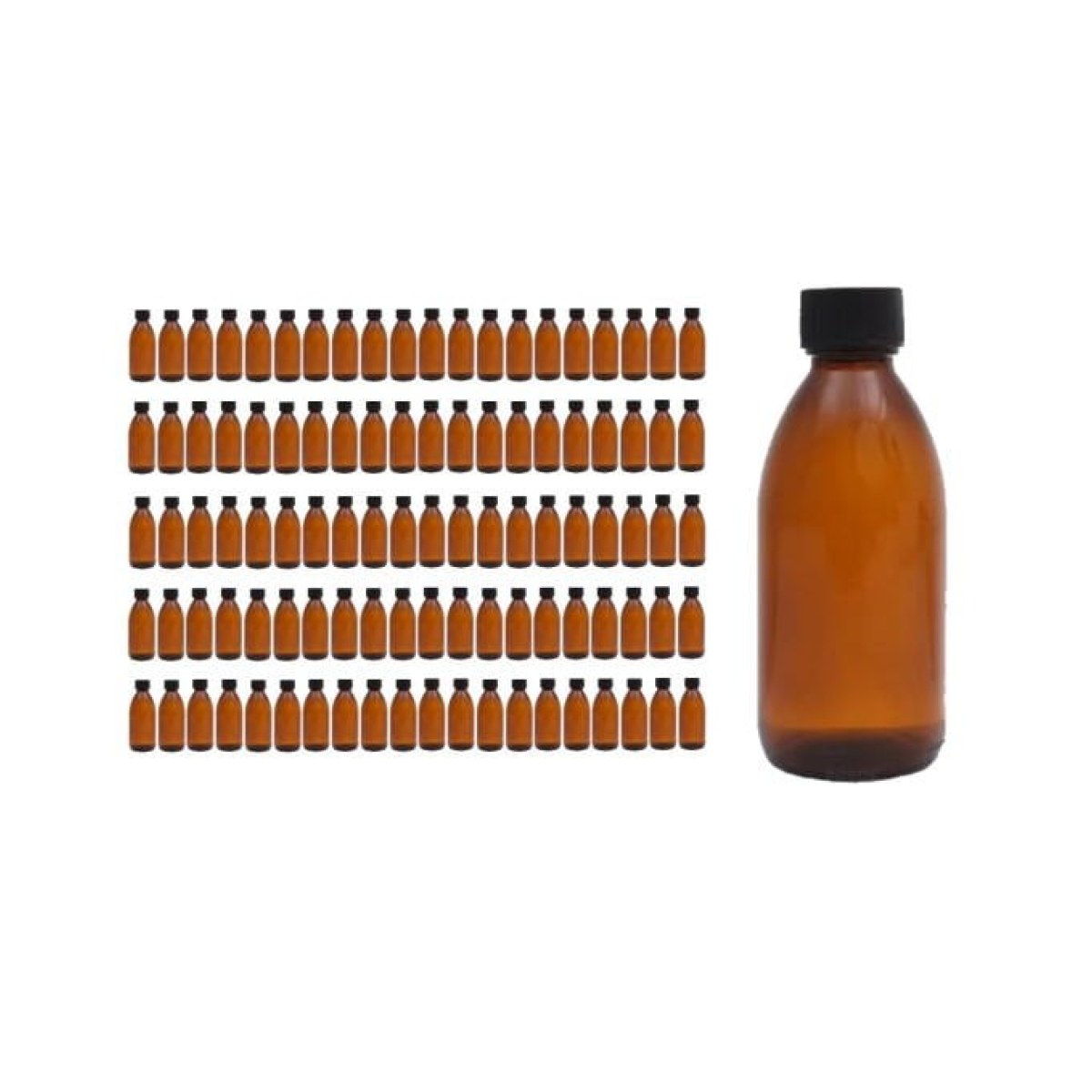 Borox Amber Cam Şişe 200ml - Siyah Kapaklı Şişe 200cc 100Adet
